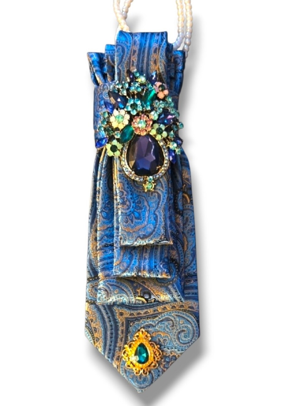 3/$60 Blue Gold Paisley Cravat with Crystal Blue and Green Brooch
